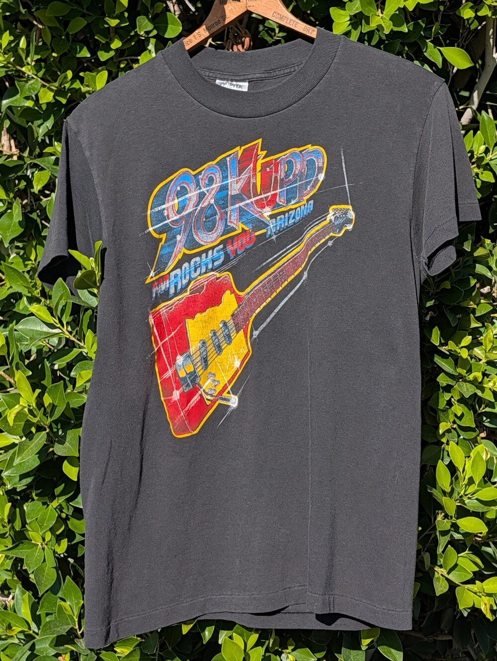 Vintage 90s 98 Arizona Jean Company Black Tee with Red and Yellow Guitar Graphic